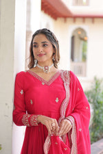 Thumbnail for Jyoti Fashion Women's Pink Vichitra Silk Sequins Zari Embroidered Anarkali Set With Dupatta - Distacart