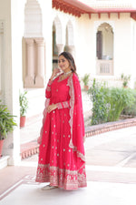 Thumbnail for Jyoti Fashion Women's Pink Vichitra Silk Sequins Zari Embroidered Anarkali Set With Dupatta - Distacart