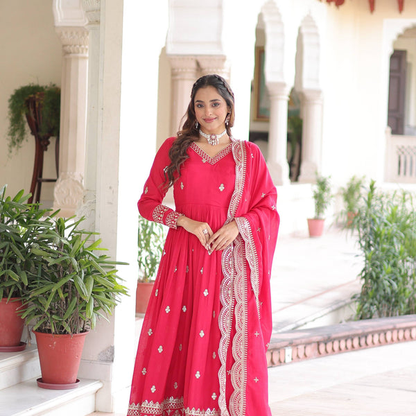 Jyoti Fashion Women's Pink Vichitra Silk Sequins Zari Embroidered Anarkali Set With Dupatta - Distacart