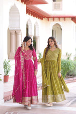 Thumbnail for Jyoti Fashion Women's Pink & Parrot Green Faux Georgette Embroidered Combo Anarkali Set With Dupatta