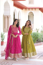 Thumbnail for Jyoti Fashion Women's Pink & Parrot Green Faux Georgette Embroidered Combo Anarkali Set With Dupatta