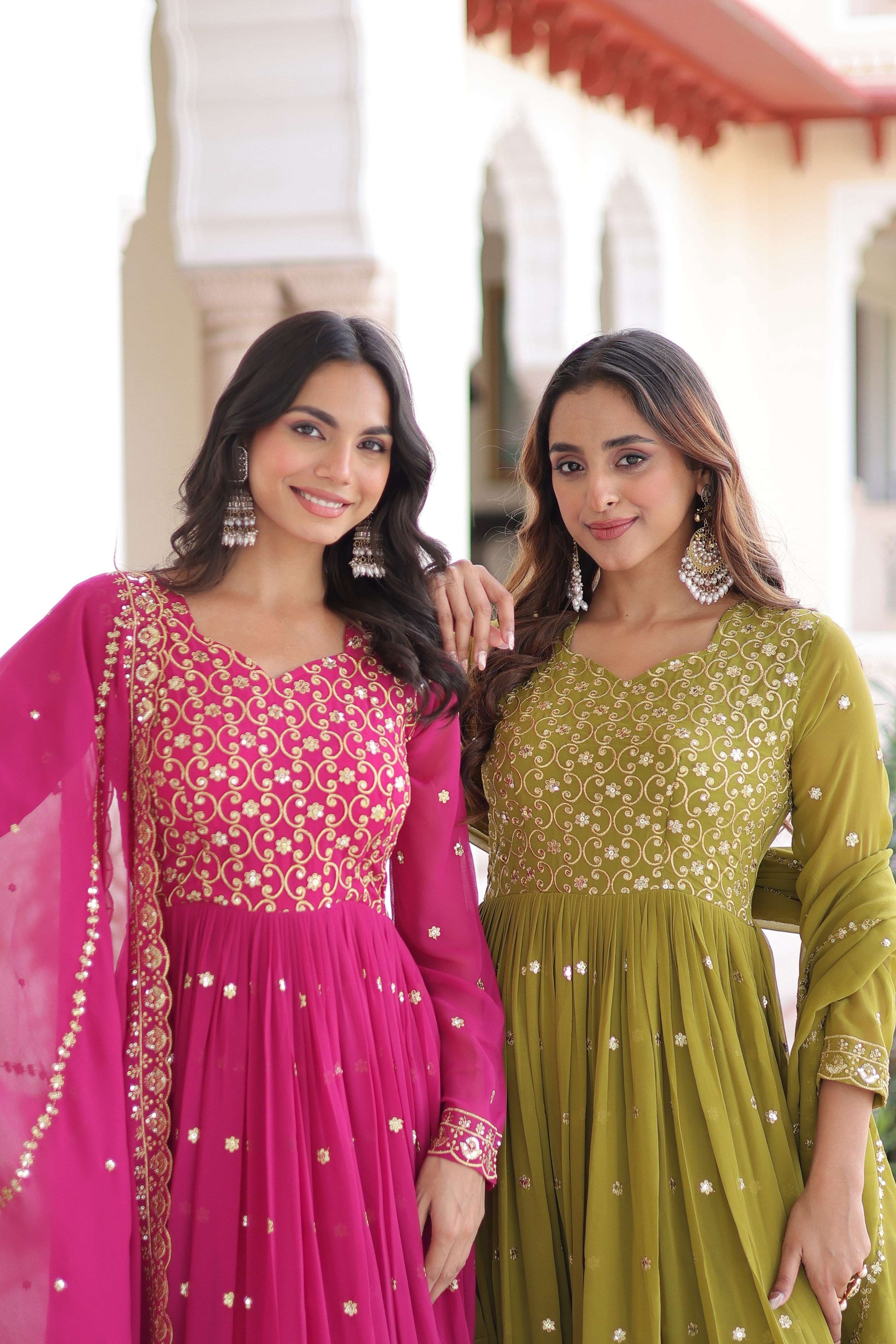 Jyoti Fashion Women's Pink & Parrot Green Faux Georgette Embroidered Combo Anarkali Set With Dupatta