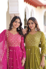 Thumbnail for Jyoti Fashion Women's Pink & Parrot Green Faux Georgette Embroidered Combo Anarkali Set With Dupatta