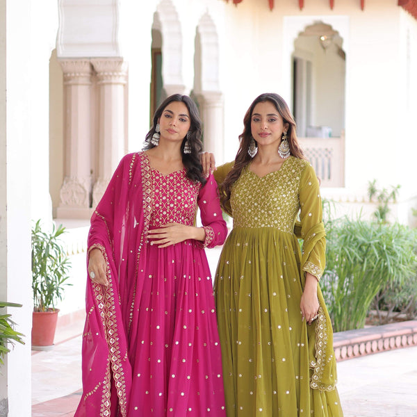 Jyoti Fashion Women's Pink & Parrot Green Faux Georgette Embroidered Combo Anarkali Set With Dupatta