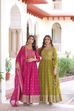 Thumbnail for Jyoti Fashion Women's Pink & Parrot Green Faux Georgette Embroidered Combo Anarkali Set With Dupatta