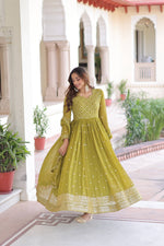 Thumbnail for Jyoti Fashion Women's Parrot Green Faux Georgette Sequins Zari Embroidered Anarkali Set With Dupatta - Distacart