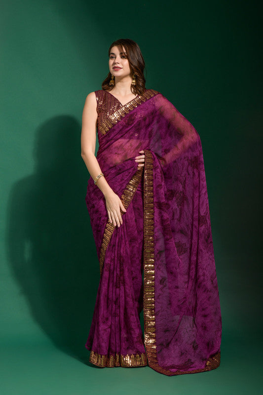 Jyoti Fashion Women's Wine Sequence Embroidery Chiffon Saree with Blouse - Distacart