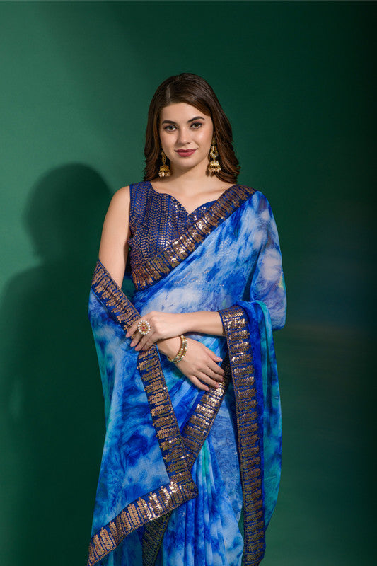 Jyoti Fashion Women's Blue Sequence Embroidery Chiffon Saree with Blouse - Distacart