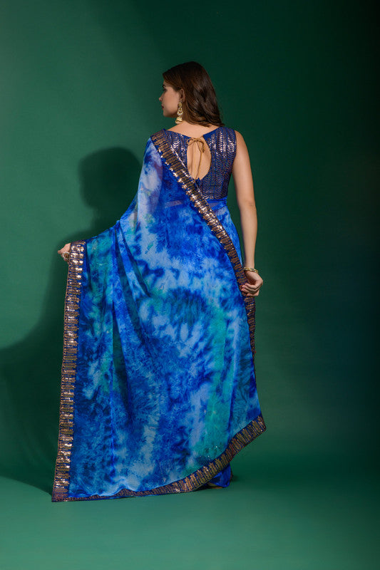 Jyoti Fashion Women's Blue Sequence Embroidery Chiffon Saree with Blouse - Distacart