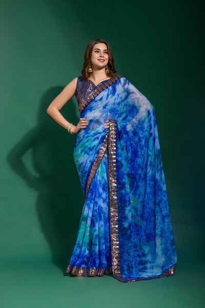 Jyoti Fashion Women's Blue Sequence Embroidery Chiffon Saree with Blouse - Distacart