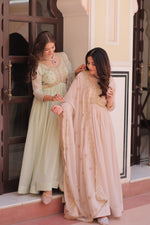 Thumbnail for Jyoti Fashion Women's Pista Green & Beige Star Georgette Embroidered Combo Anarkali Set With Dupatta