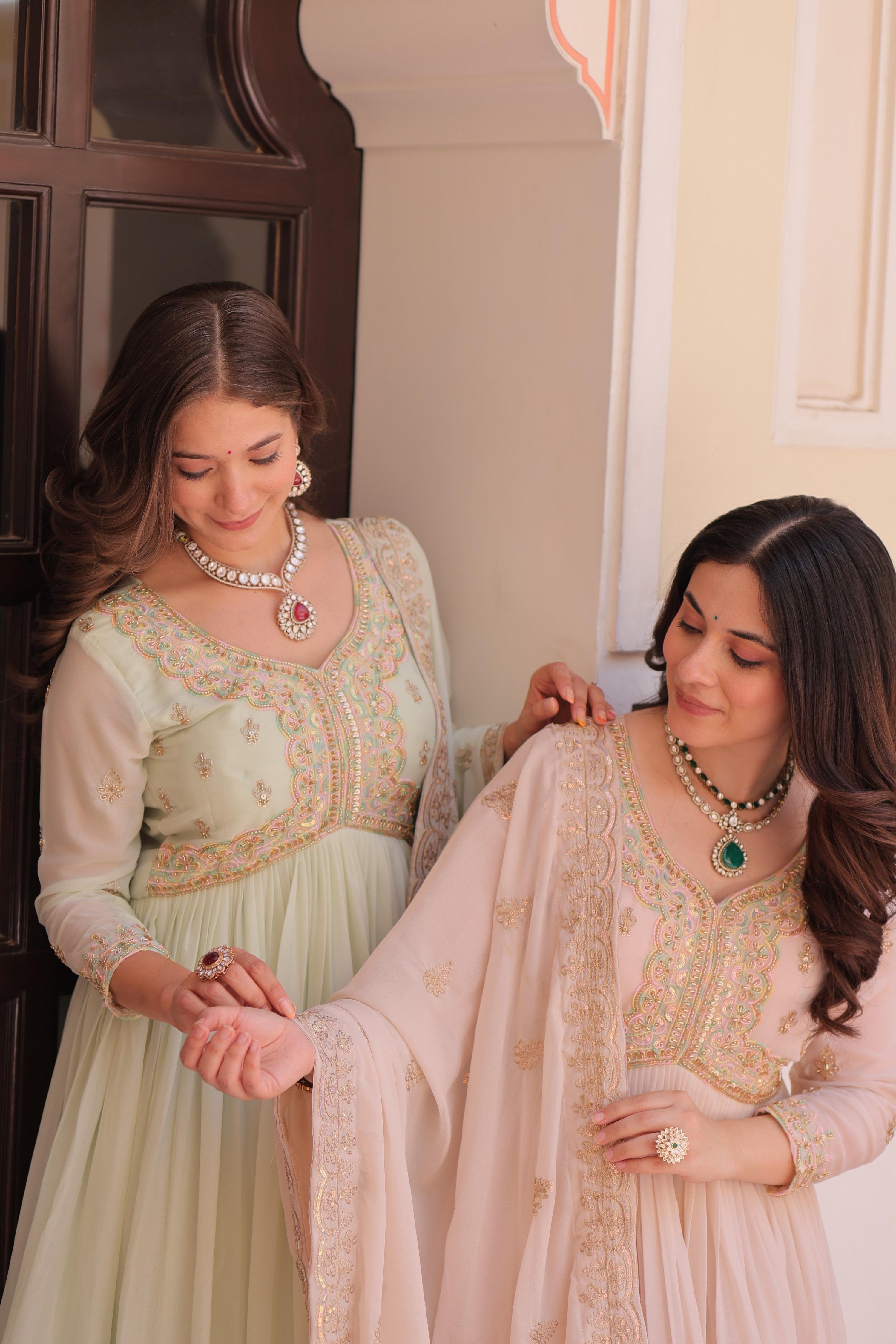 Jyoti Fashion Women's Pista Green & Beige Star Georgette Embroidered Combo Anarkali Set With Dupatta