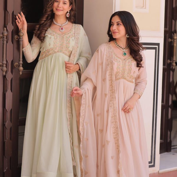 Jyoti Fashion Women's Pista Green & Beige Star Georgette Embroidered Combo Anarkali Set With Dupatta