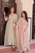Thumbnail for Jyoti Fashion Women's Pista Green & Beige Star Georgette Embroidered Combo Anarkali Set With Dupatta