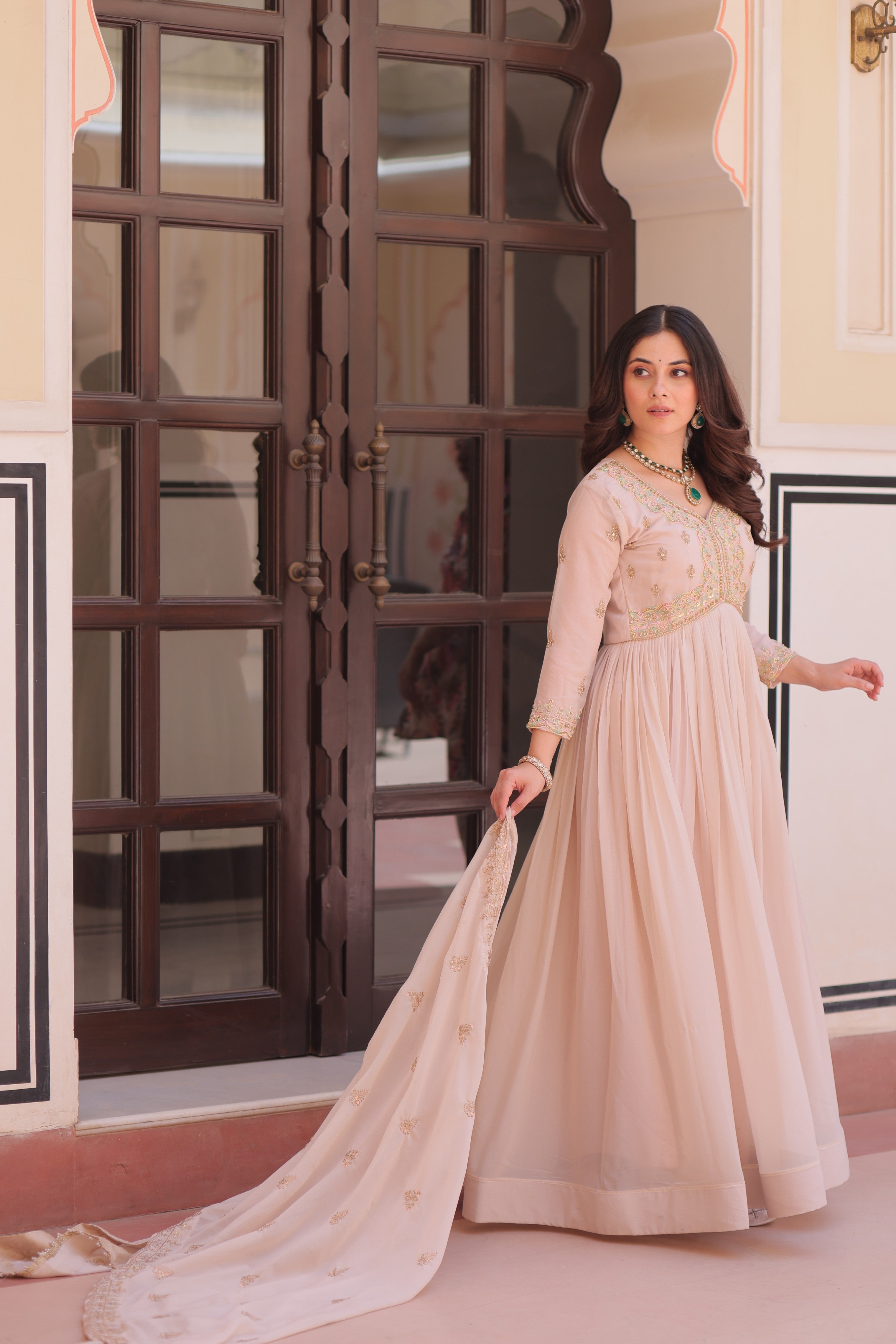 Jyoti Fashion Women's Beige Star Georgette Embroidered Anarkali Set With Dupatta - Distacart