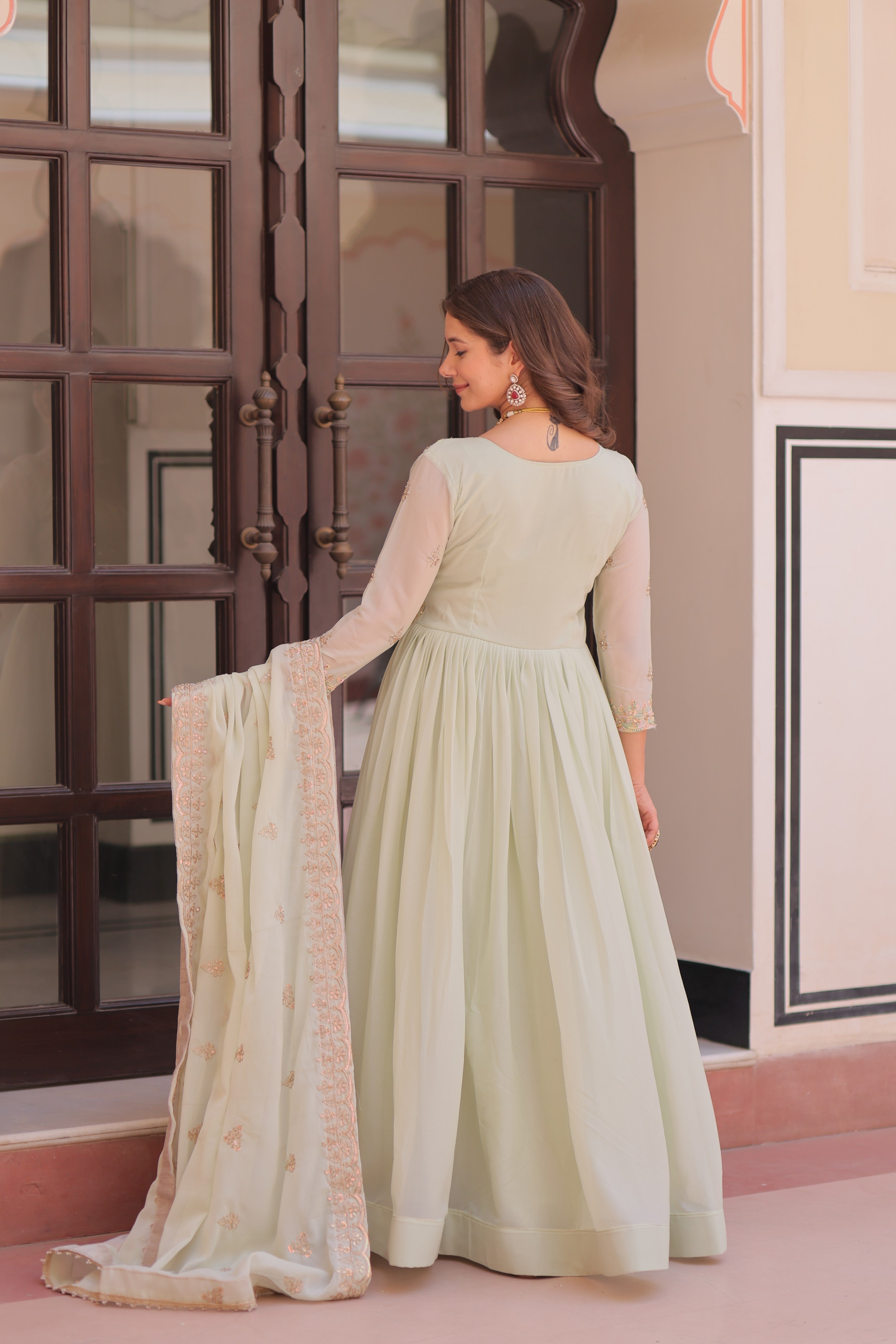 Jyoti Fashion Women's Pista Green Star Georgette Embroidered Anarkali Set With Dupatta - Distacart