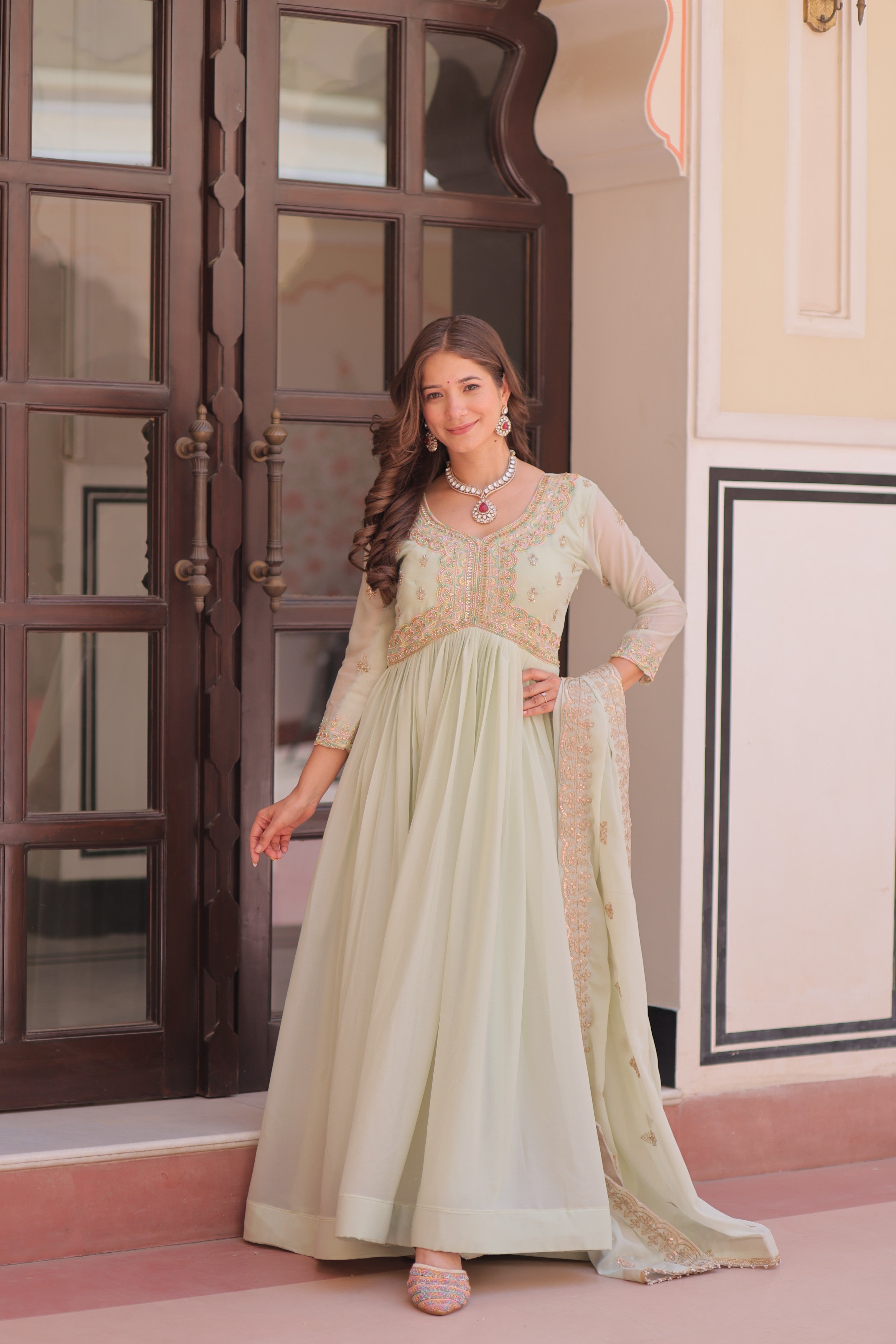 Jyoti Fashion Women's Pista Green Star Georgette Embroidered Anarkali Set With Dupatta - Distacart