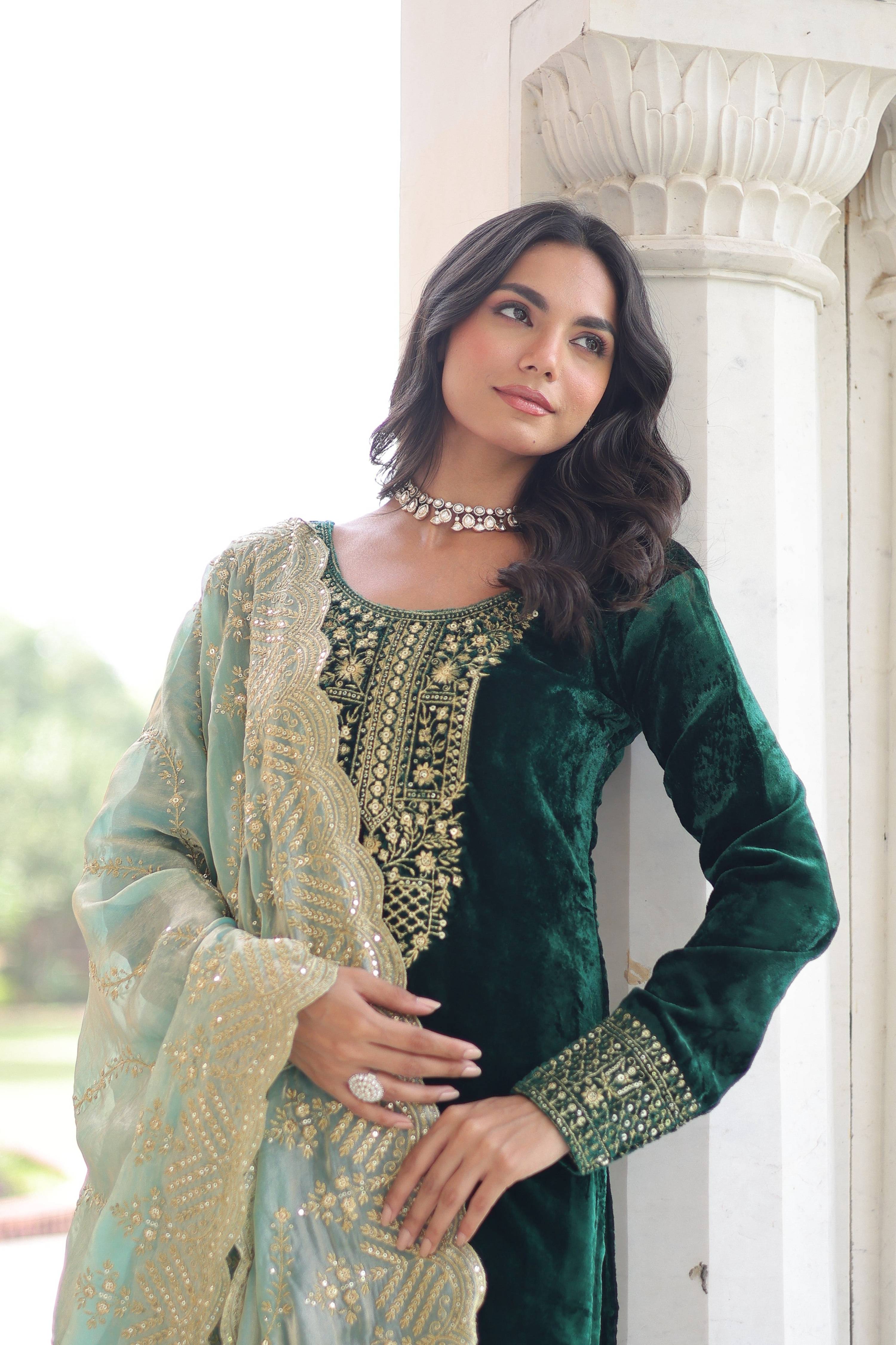 Jyoti Fashion Green Velvet Embroidered Designer Kurta Set with Dupatta - Distacart