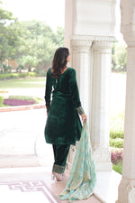 Thumbnail for Jyoti Fashion Green Velvet Embroidered Designer Kurta Set with Dupatta - Distacart