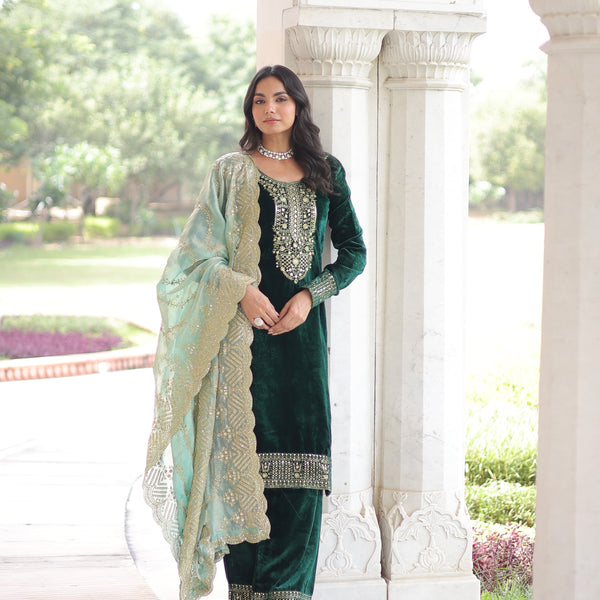 Jyoti Fashion Green Velvet Embroidered Designer Kurta Set with Dupatta - Distacart