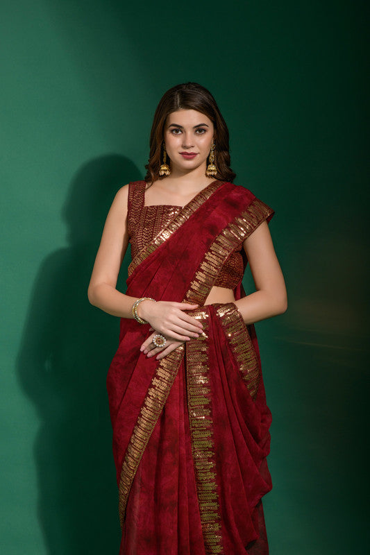 Jyoti Fashion Women's Maroon Sequence Embroidery Chiffon Saree with Blouse - Distacart