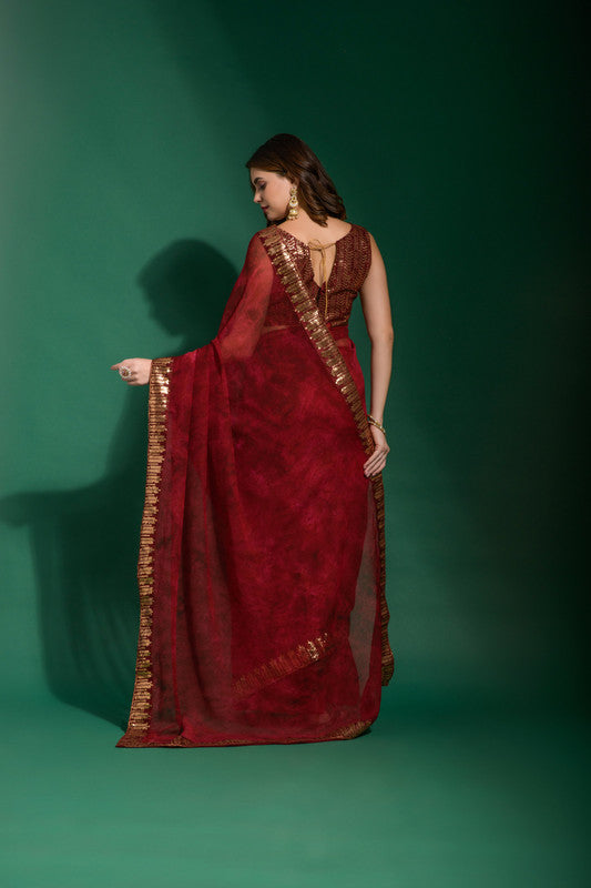Jyoti Fashion Women's Maroon Sequence Embroidery Chiffon Saree with Blouse - Distacart