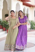 Thumbnail for Jyoti Fashion Women's Green & Purple Vichitra Silk Embroidered Combo Anarkali Set With Koti