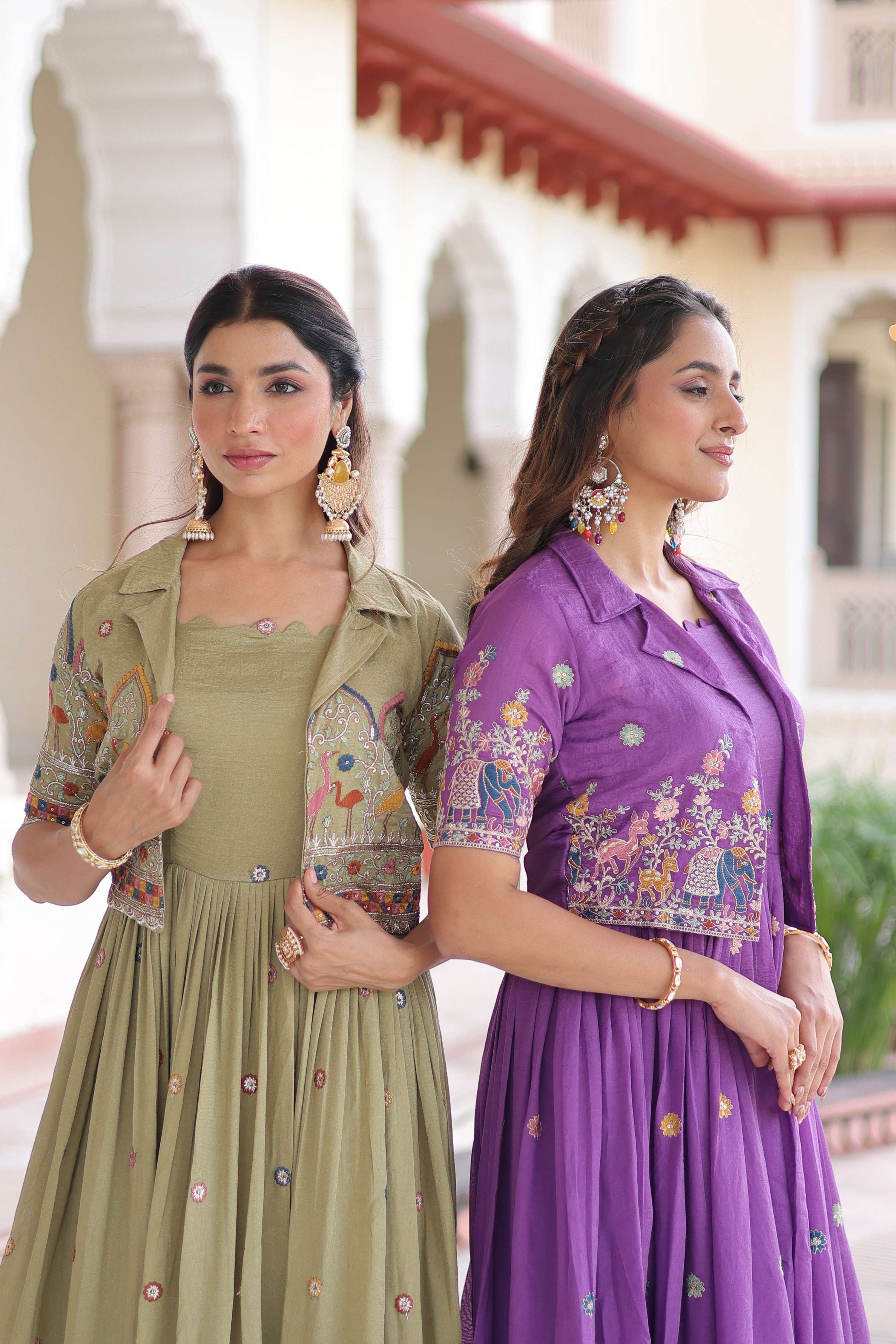 Jyoti Fashion Women's Green & Purple Vichitra Silk Embroidered Combo Anarkali Set With Koti