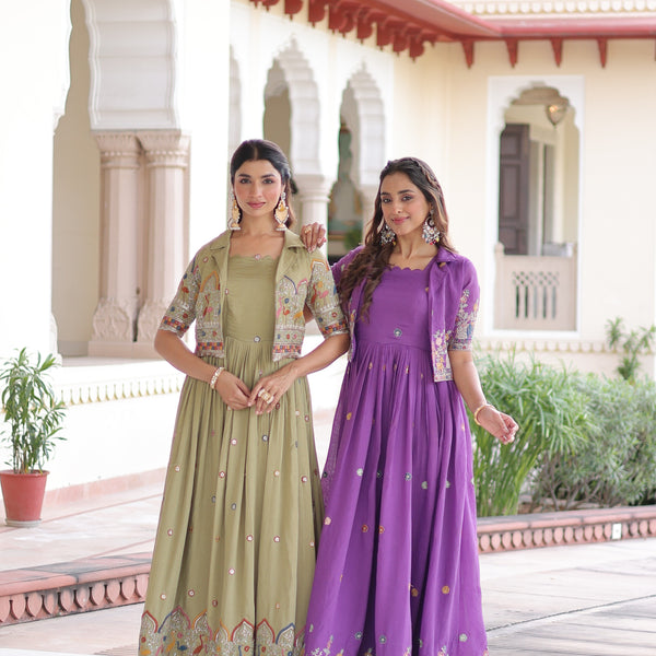 Jyoti Fashion Women's Green & Purple Vichitra Silk Embroidered Combo Anarkali Set With Koti