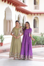 Thumbnail for Jyoti Fashion Women's Green & Purple Vichitra Silk Embroidered Combo Anarkali Set With Koti