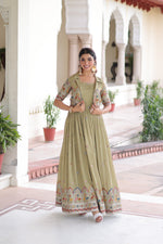 Thumbnail for Jyoti Fashion Women's Green Vichitra Silk Embroidered Anarkali Set With Koti - Distacart