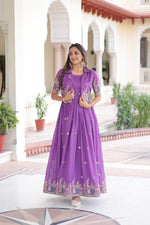Thumbnail for Jyoti Fashion Women's Purple Vichitra Silk Embroidered Anarkali Set With Koti - Distacart