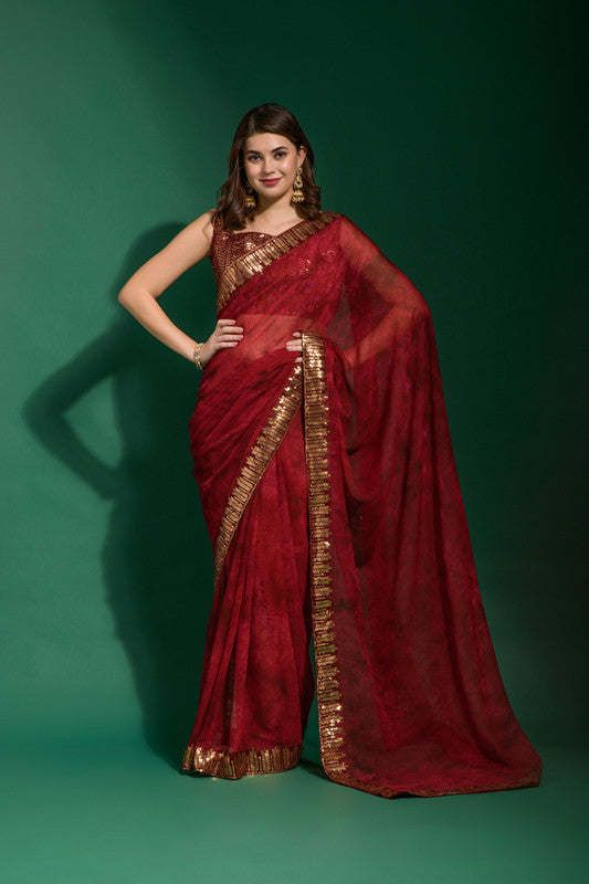 Jyoti Fashion Women's Maroon Sequence Embroidery Chiffon Saree with Blouse - Distacart