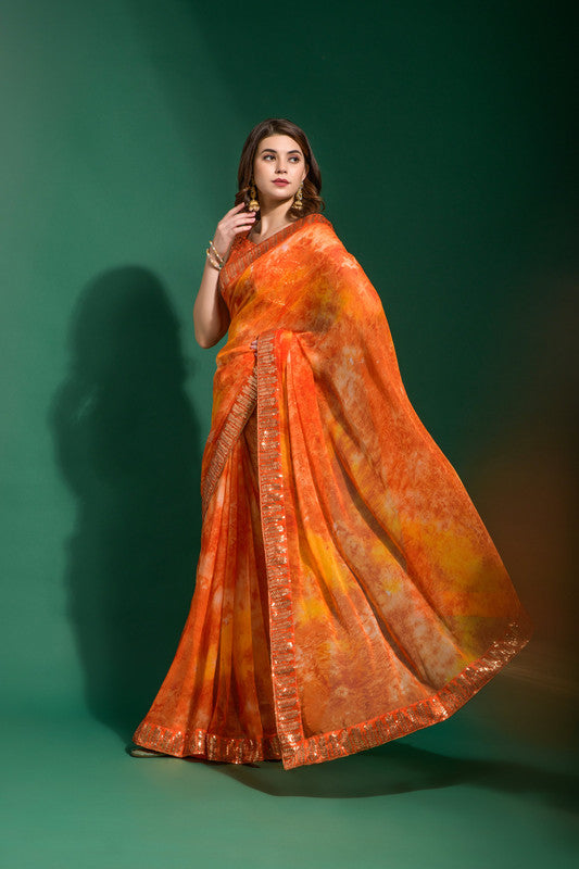 Jyoti Fashion Women's Orange Sequence Embroidery Chiffon Saree with Blouse - Distacart