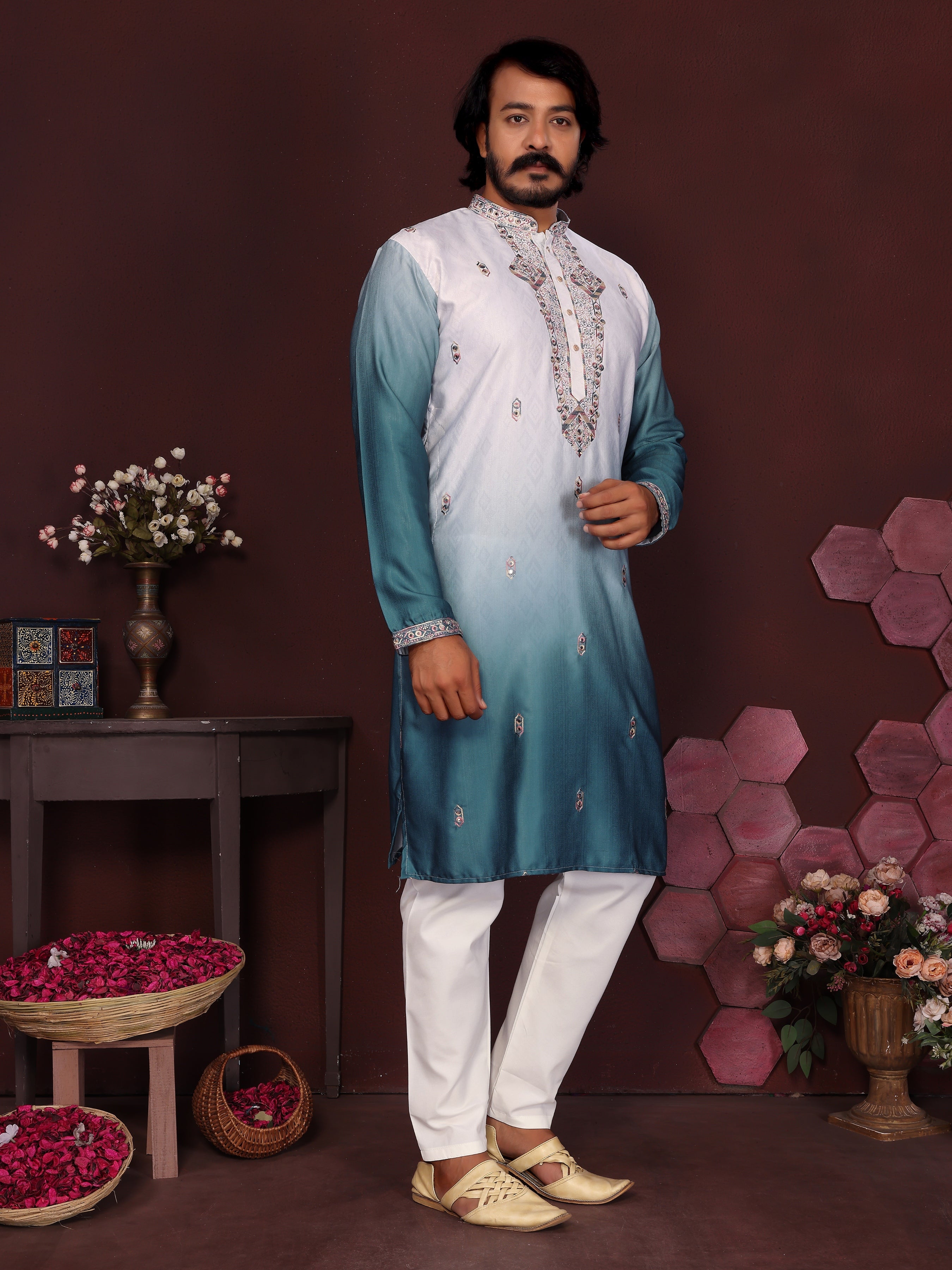 Jyoti Fashion Men's Teal Sequins Embroidered Kurta with Pajama - Distacart