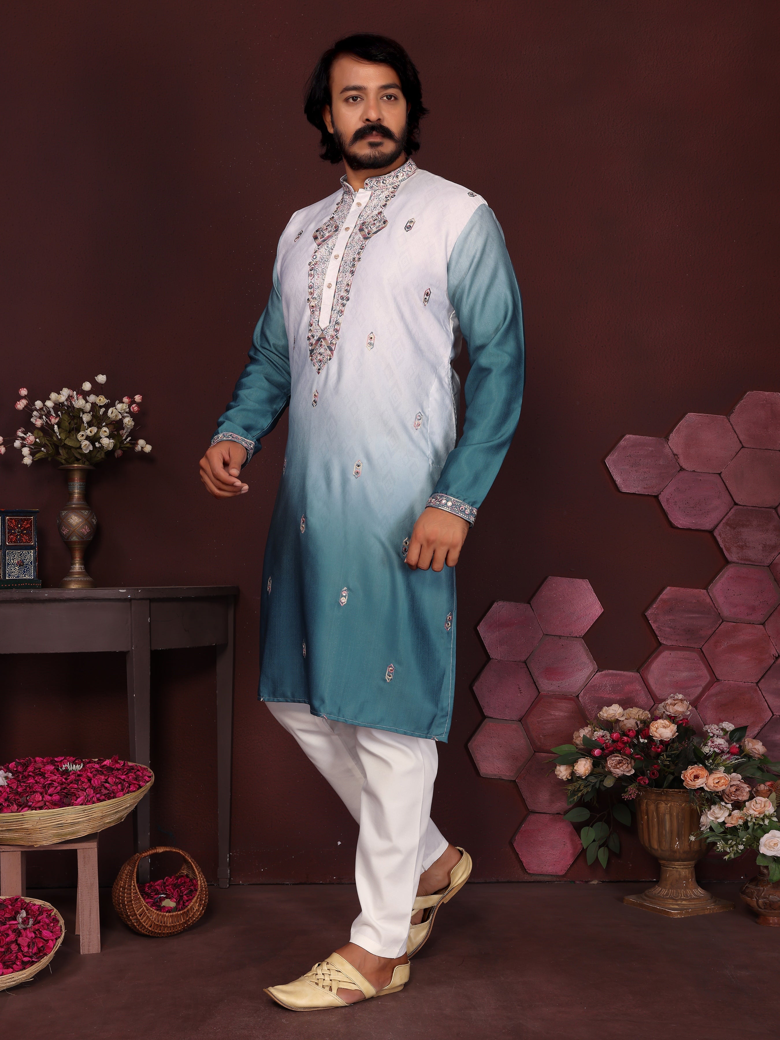 Jyoti Fashion Men's Teal Sequins Embroidered Kurta with Pajama - Distacart