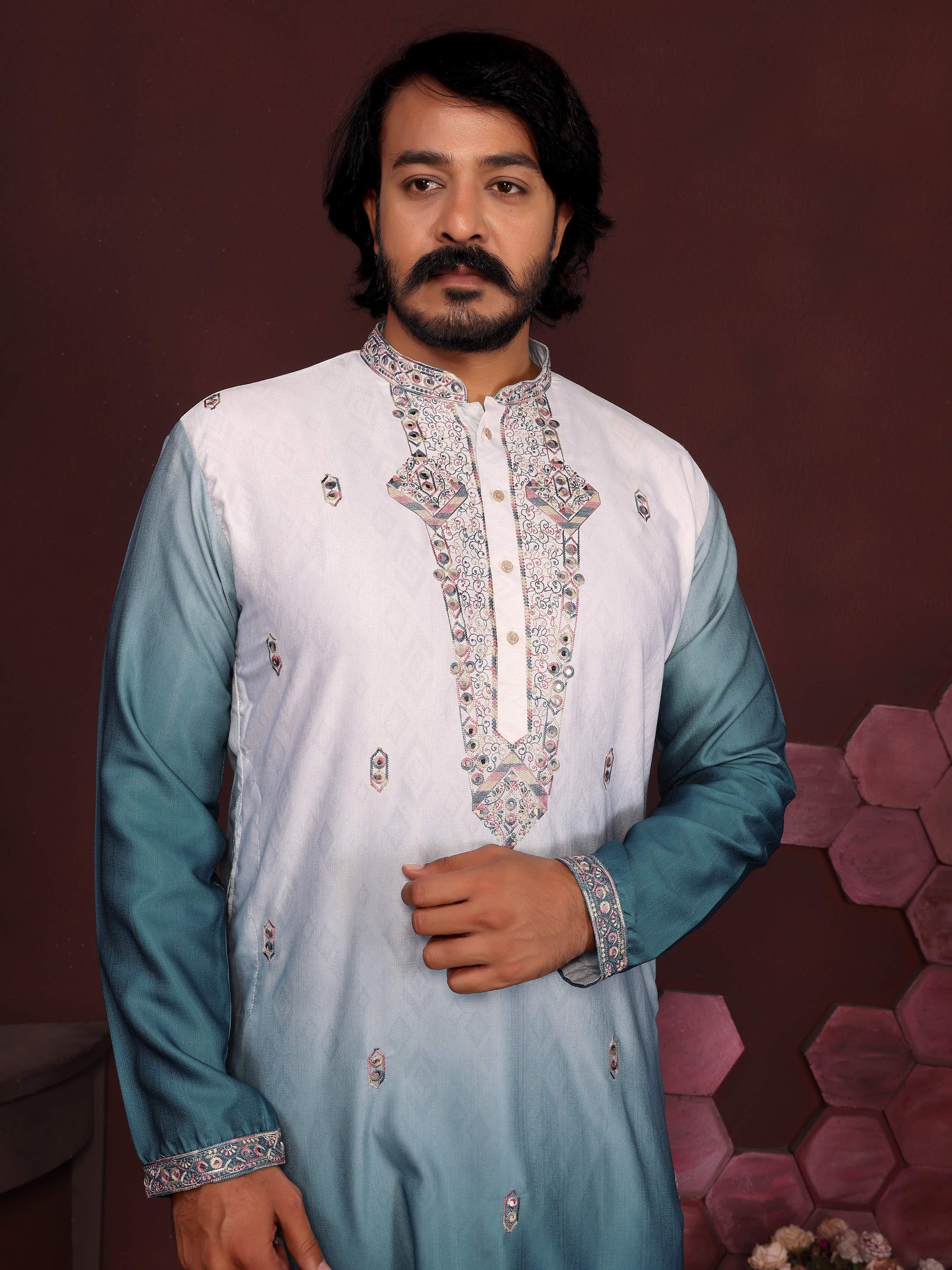 Jyoti Fashion Men's Teal Sequins Embroidered Kurta with Pajama