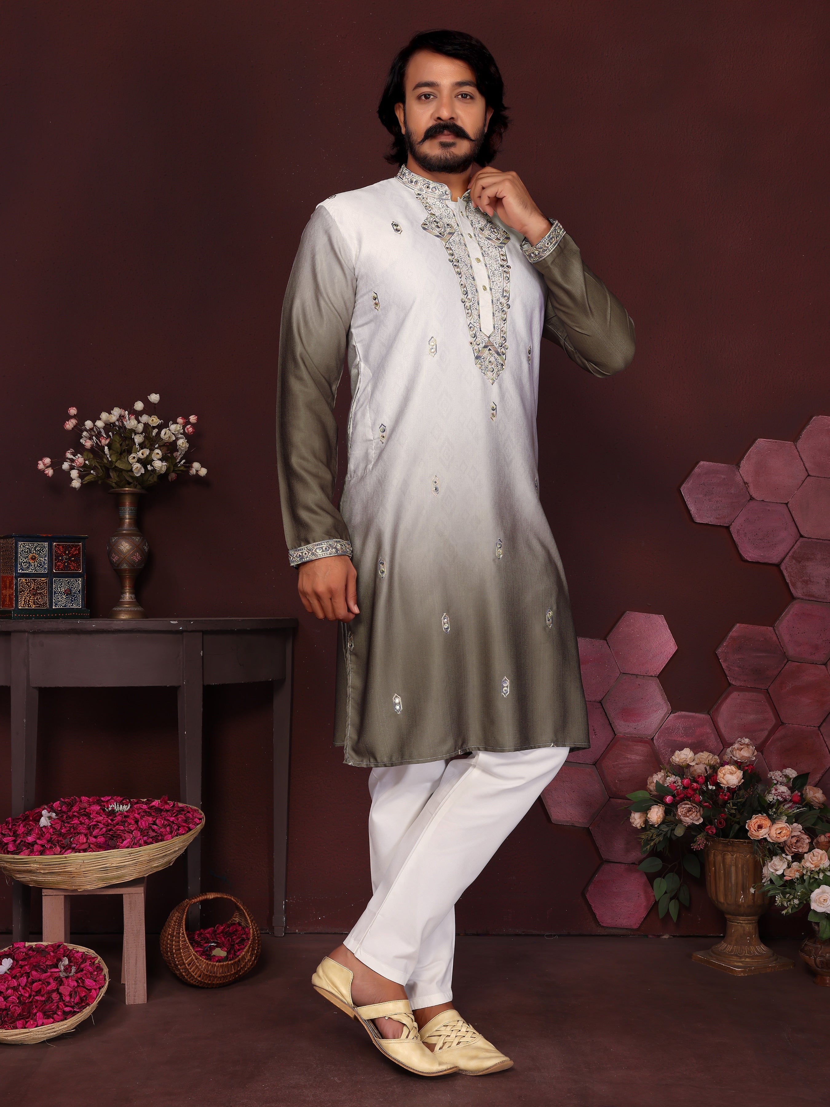 Jyoti Fashion Men's Mehendi Sequins Embroidered Kurta with Pajama - Distacart