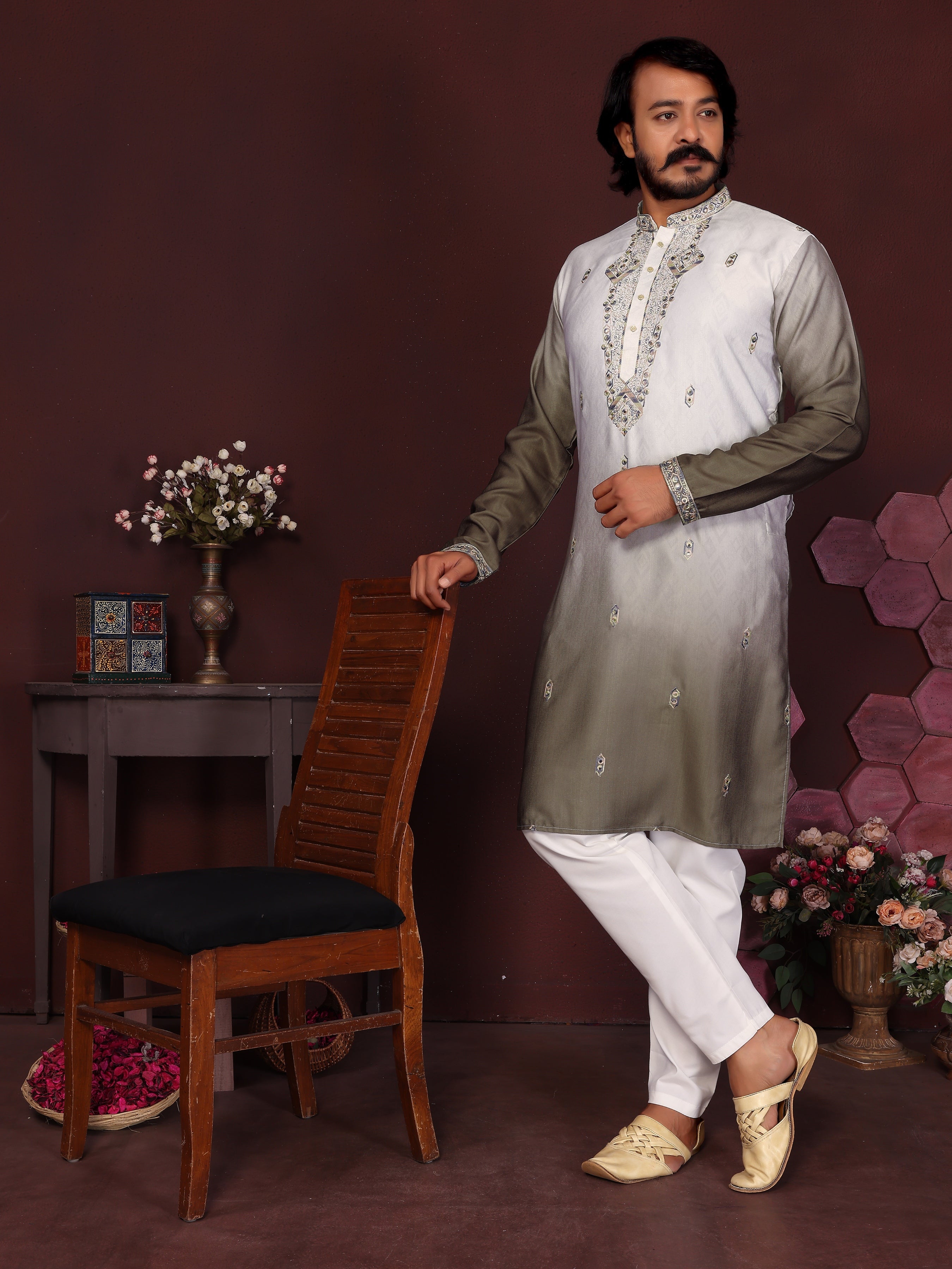Jyoti Fashion Men's Mehendi Sequins Embroidered Kurta with Pajama