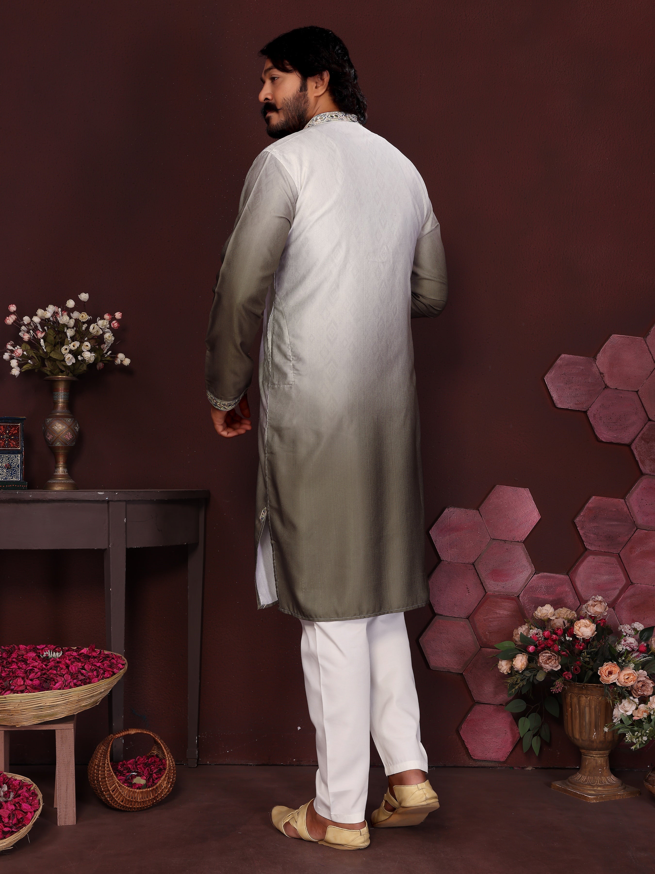 Jyoti Fashion Men's Mehendi Sequins Embroidered Kurta with Pajama