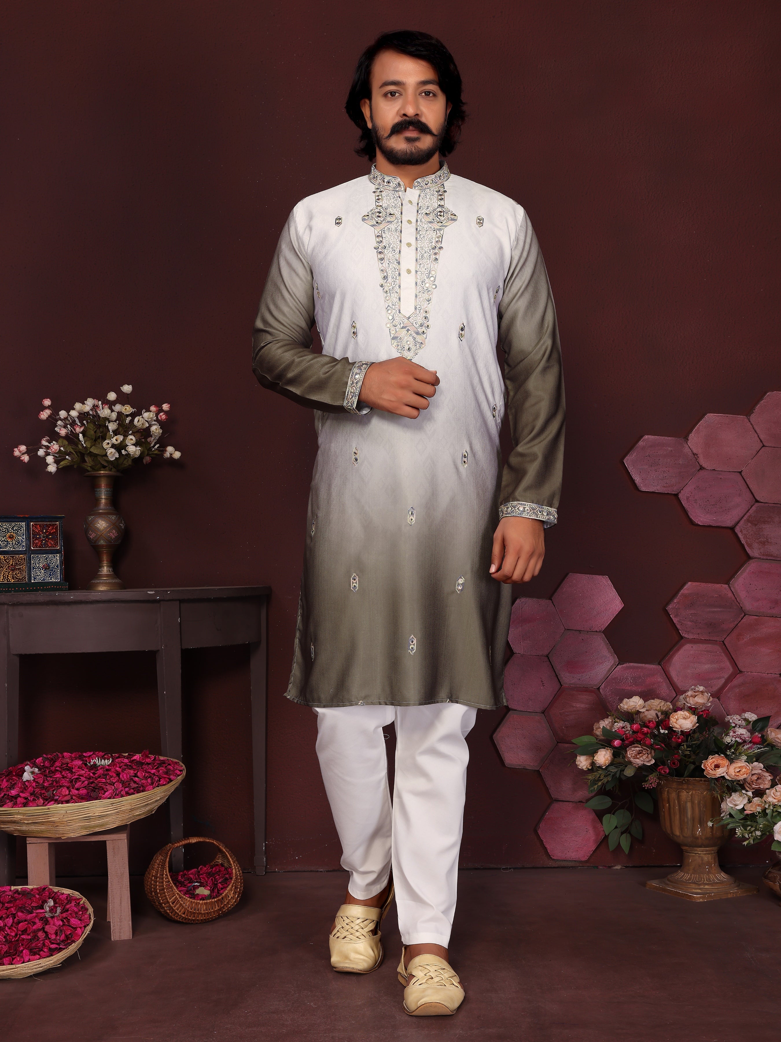 Jyoti Fashion Men's Mehendi Sequins Embroidered Kurta with Pajama - Distacart