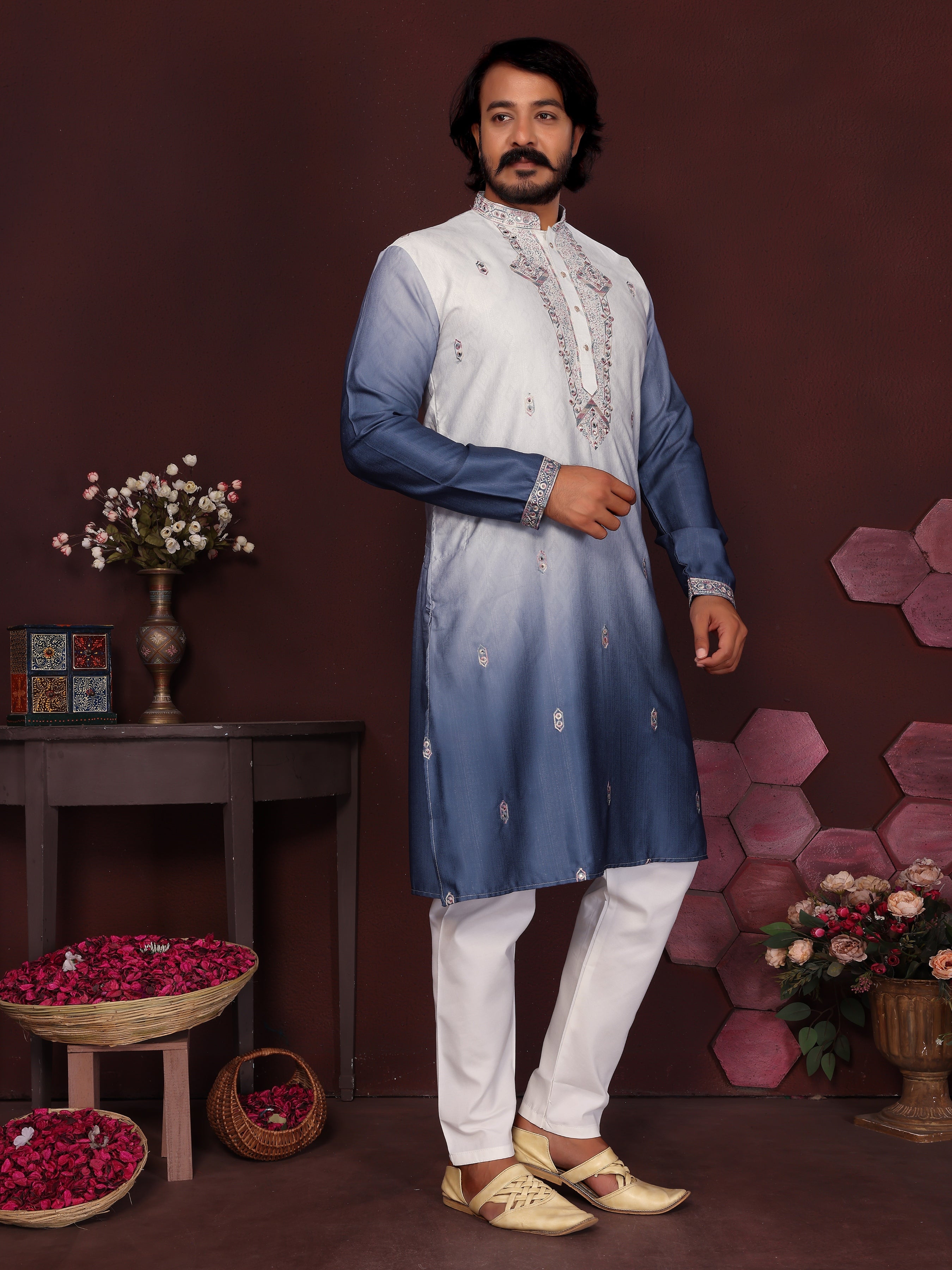 Jyoti Fashion Men's Blue Sequins Embroidered Kurta with Pajama - Distacart