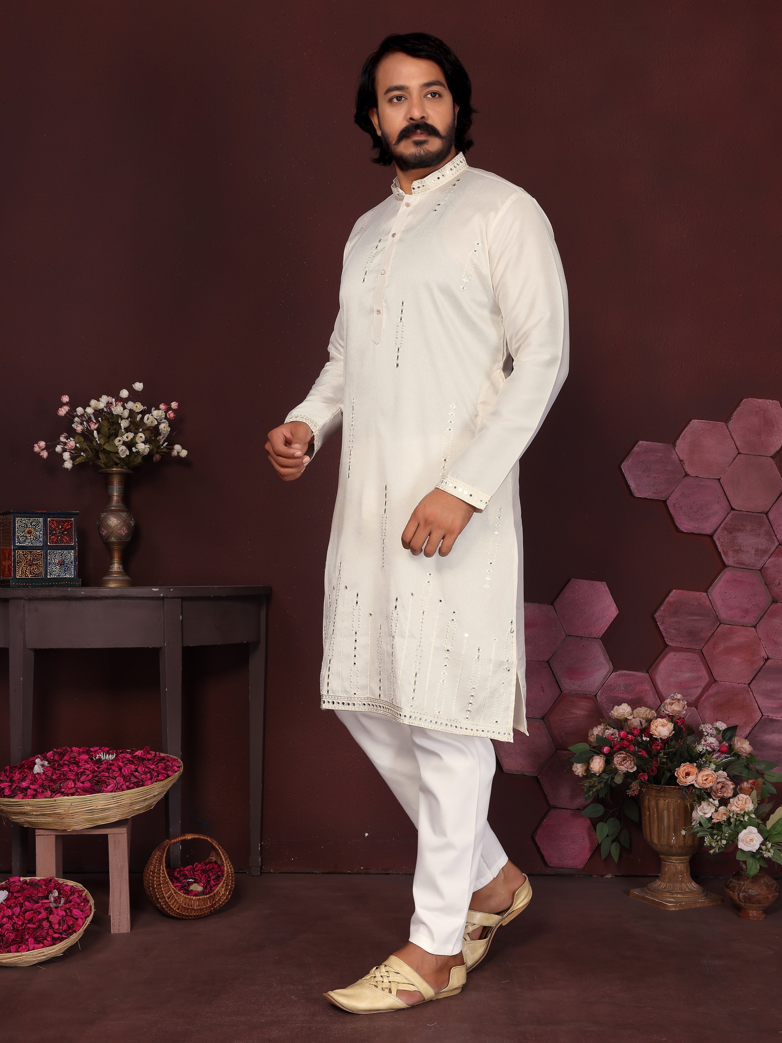 Jyoti Fashion Men's White Mirror Embroidery Kurta with Pajama - Distacart