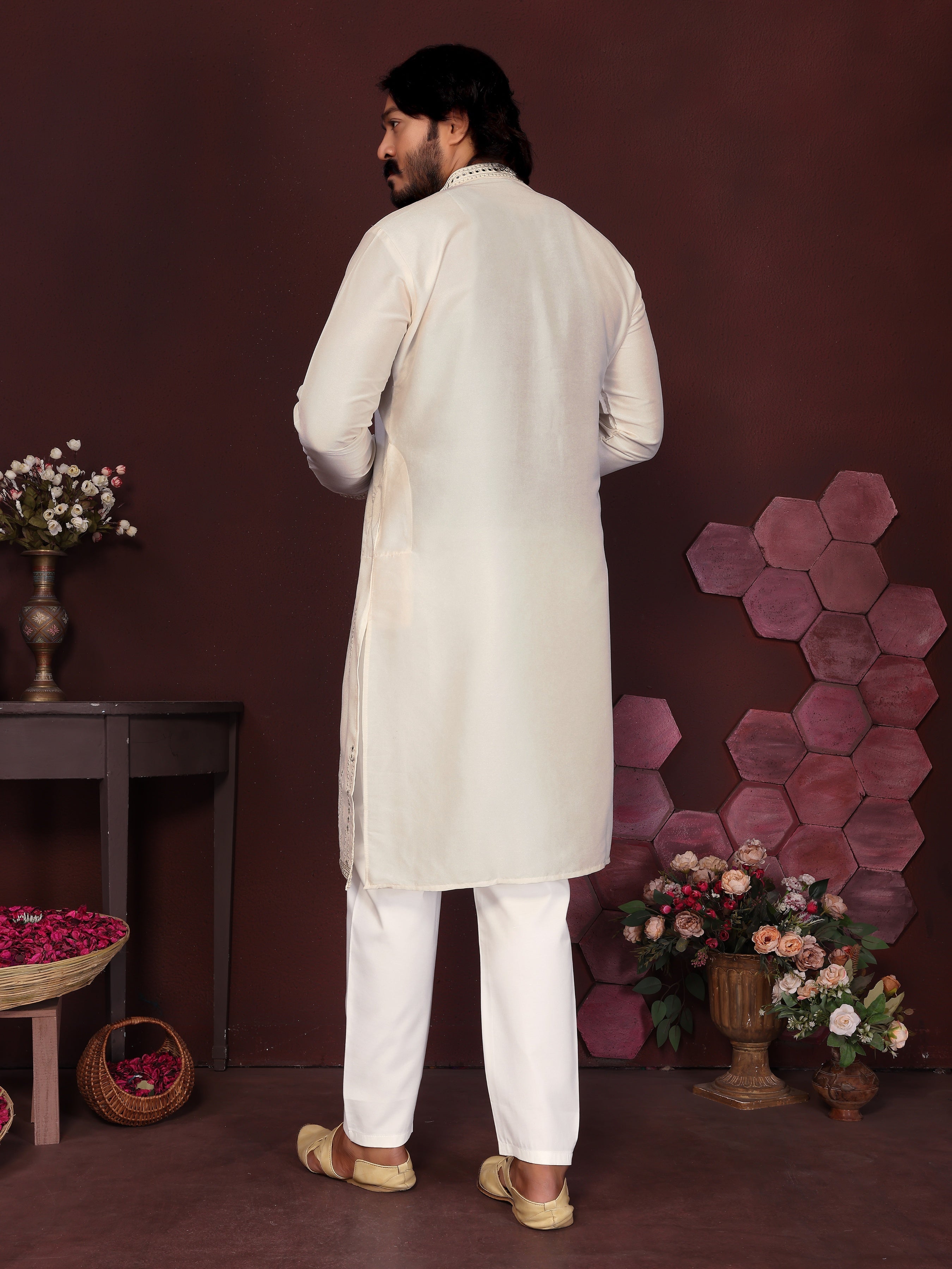 Jyoti Fashion Men's White Mirror Embroidery Kurta with Pajama - Distacart