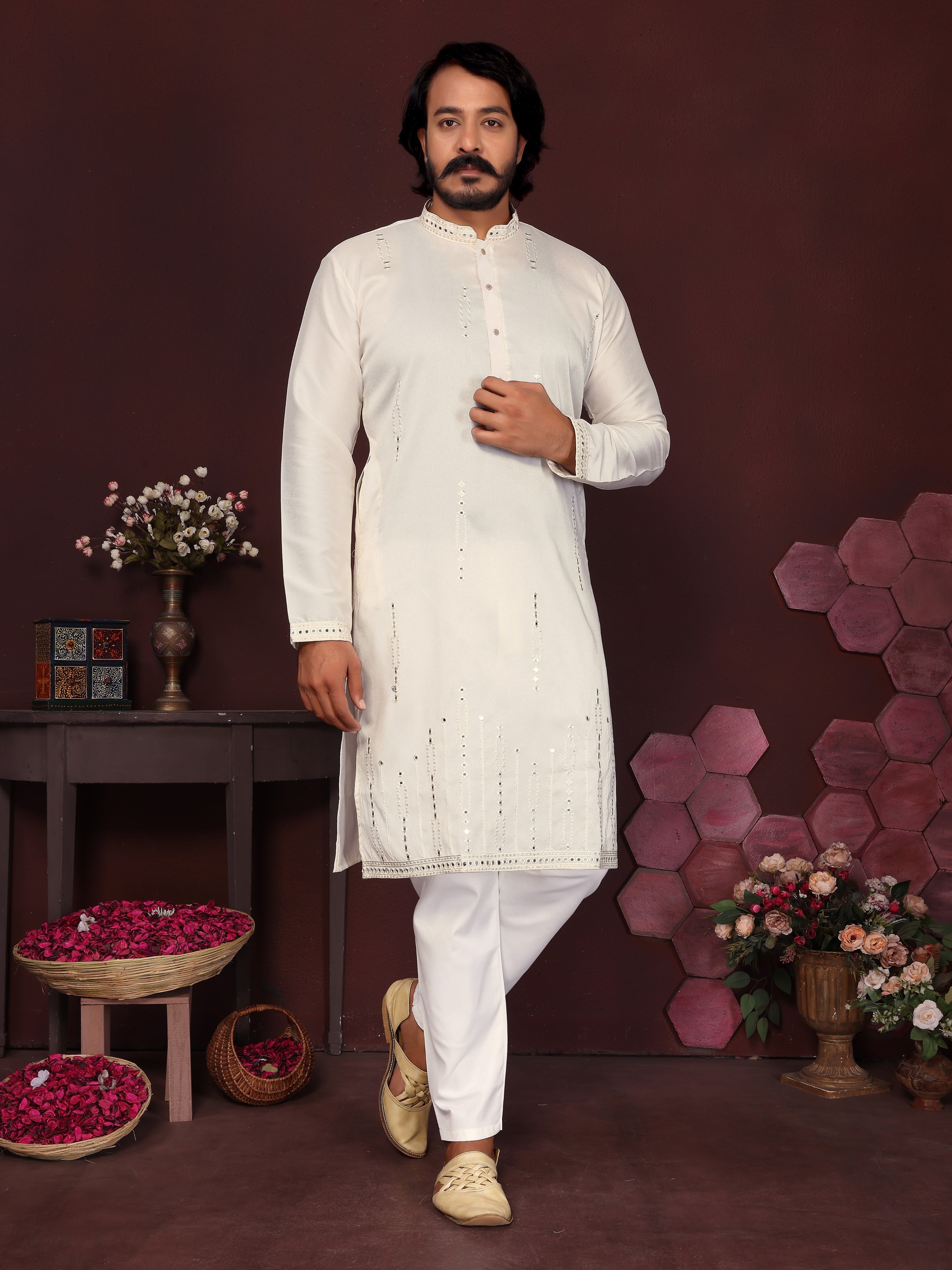 Jyoti Fashion Men's White Mirror Embroidery Kurta with Pajama - Distacart