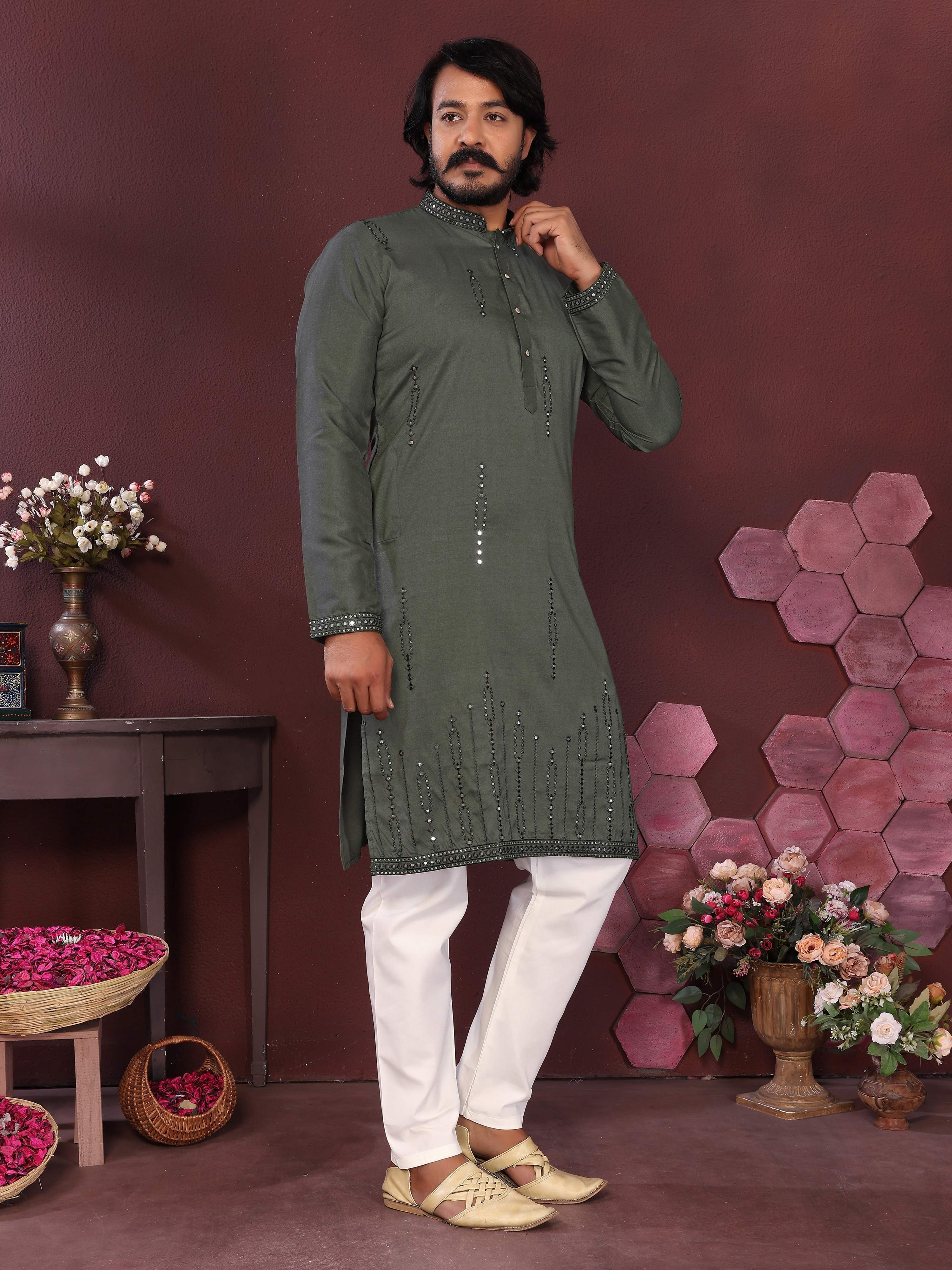 Jyoti Fashion Men's Green Mirror Embroidery Kurta with Pajama - Distacart