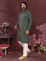 Thumbnail for Jyoti Fashion Men's Green Mirror Embroidery Kurta with Pajama