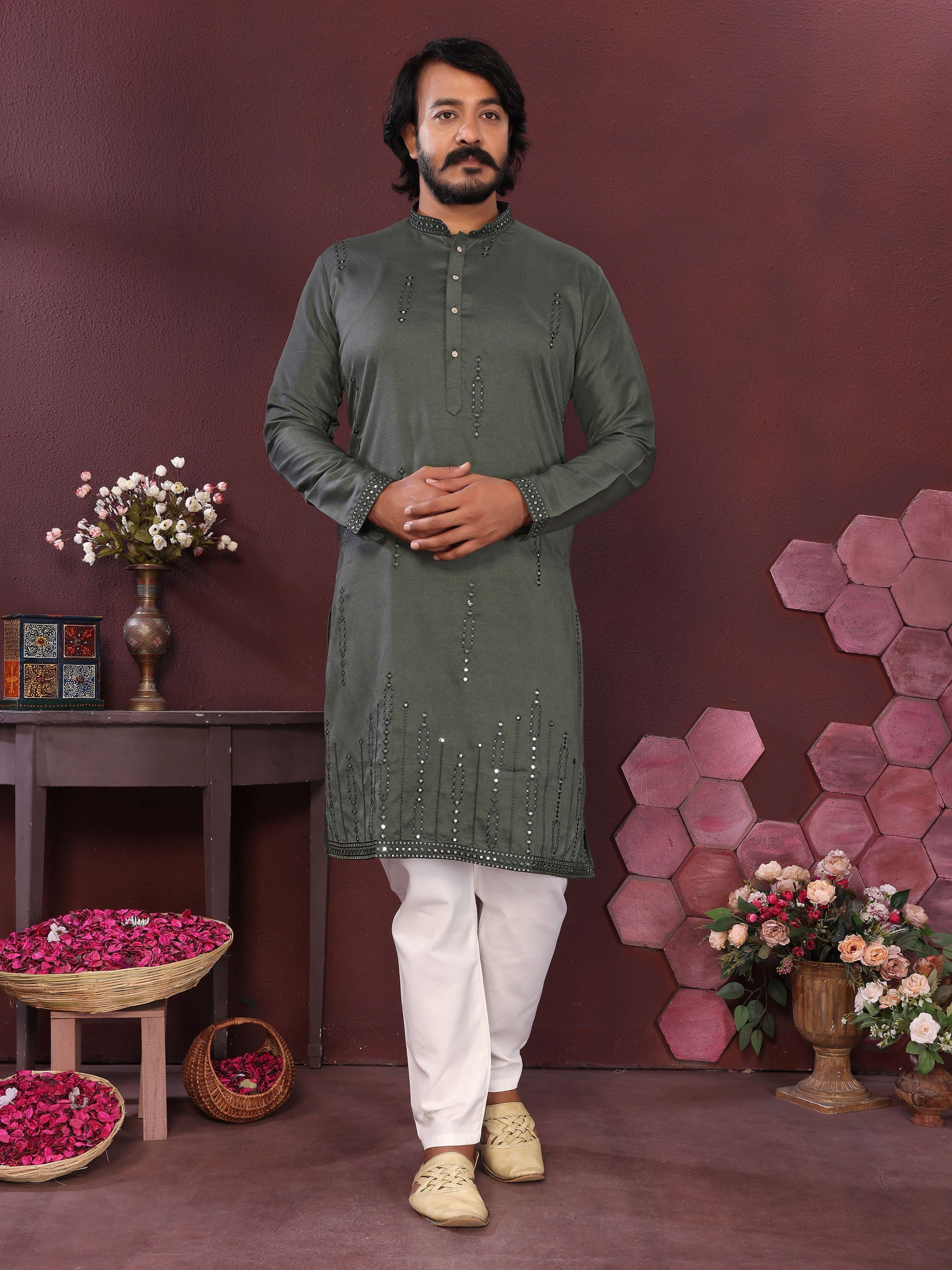 Jyoti Fashion Men's Green Mirror Embroidery Kurta with Pajama - Distacart