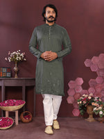 Thumbnail for Jyoti Fashion Men's Green Mirror Embroidery Kurta with Pajama