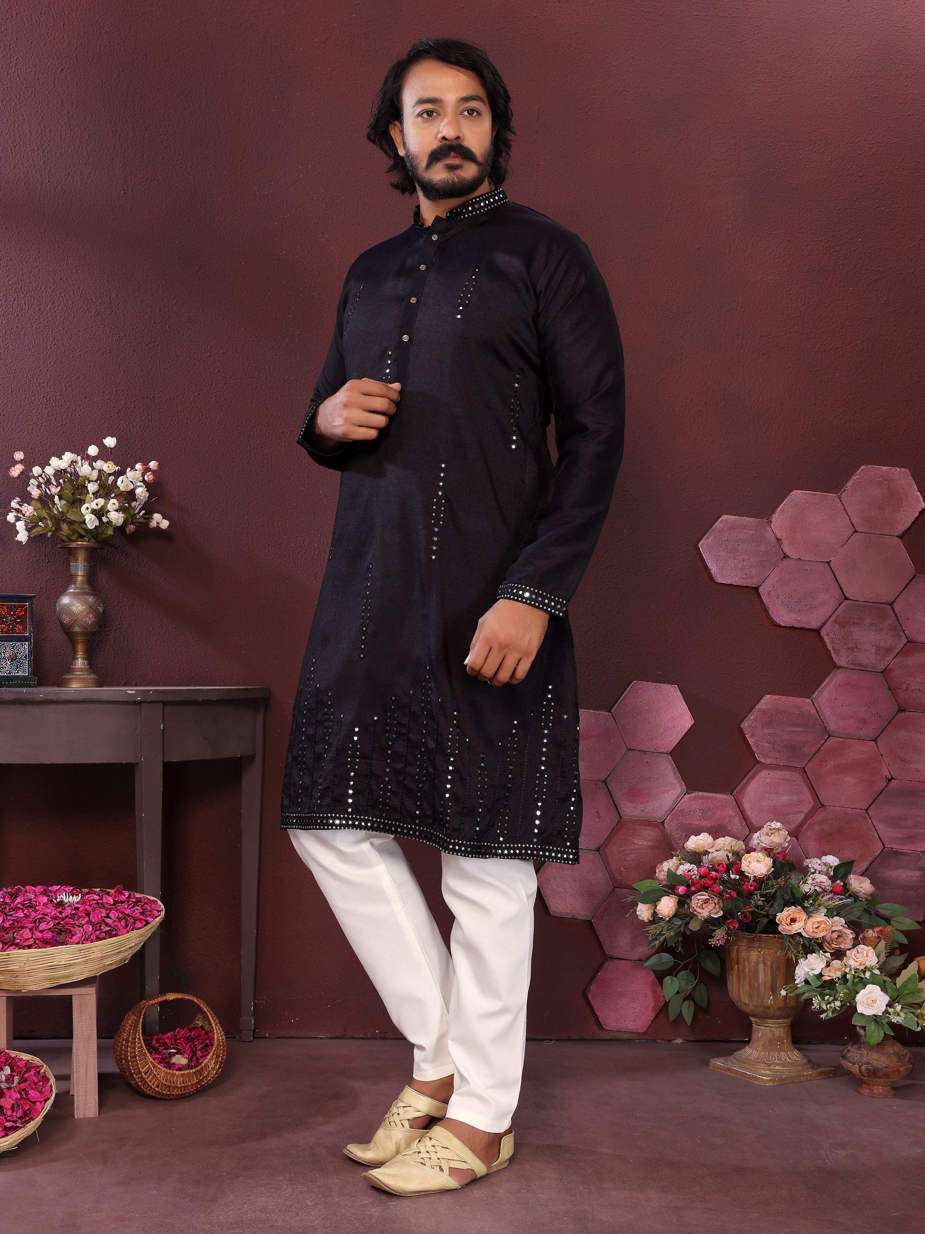 Jyoti Fashion Men's Black Mirror Embroidery Kurta with Pajama - Distacart